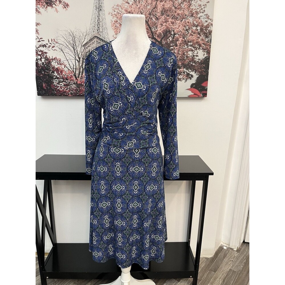 Alex Marie Dress Size L Large Blue Geometric Mosaic Long Sleeve Midi V-Neck
